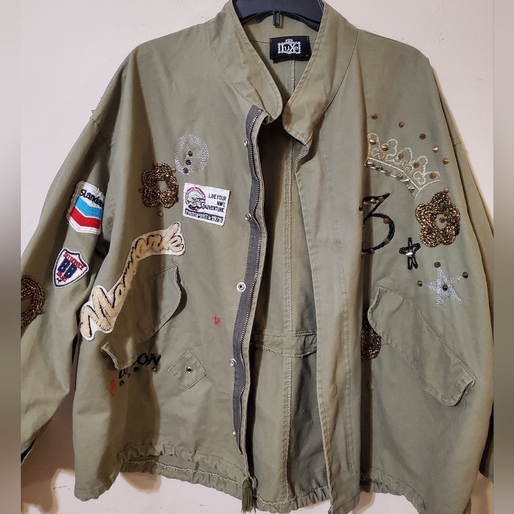 Military Punk Spike Army Style Olive Green Jacket Patches Y2k - Picture 7 of 7
